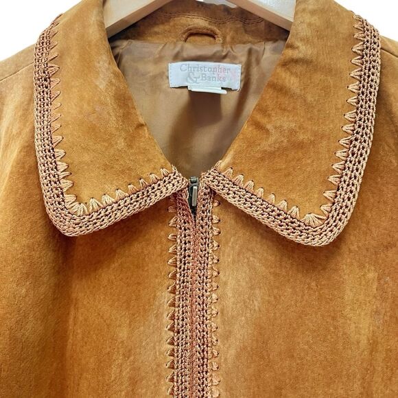 Christopher & Banks Cognac Suede Leather Jacket Size XL Zip Front Crochet Trim - Picture 5 of 14